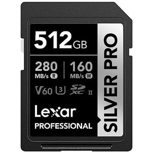 Lexar Silver Pro SD-kaart 512 GB, UHS-II-geheugenkaart, V60, U3, C10, SDXC-kaart, tot 280 MB/s lezen, voor professionele fotograaf, videograaf, liefhebber (LSDSIPR512G-BNNAA)