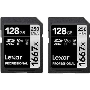 Lexar Professional 1667x SD Kaart 128GB 2 pak, SDXC UHS-II Geheugenkaart, Tot 250 MB/s lezen, Class 10, U3, V60, SD voor professionele fotograaf, videograaf, liefhebber (LSD1667128G-B2NAA)