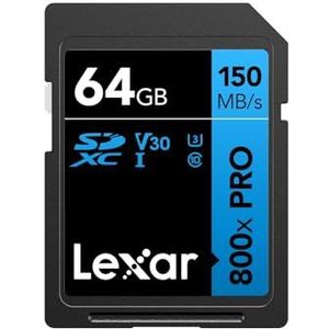 Lexar High-Performance 800x PRO SD Kaart 64GB, SDXC UHS-I Kaart, SD 3.0 Kaart tot 150MB/s Lezen, V30, U3, C10 SD Geheugenkaart voor camera/Middenklasse DSLR/HD-camcorder (LSD0800P064G-BNNAA)