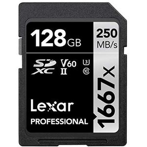 Lexar Professional 1667x SD Kaart 128GB, SDXC UHS-II Geheugenkaart, Tot 250 MB/s lezen, 120 MB/s schrijven, Class 10, U3, V60, SD voor professionele fotograaf, videograaf, liefhebber (LSD128CB1667)