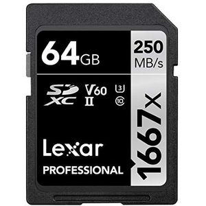 Lexar Professional 1667x SD Kaart 64GB, SDXC UHS-II Geheugenkaart, Tot 250 MB/s lezen, Class 10, U3, V60, SD voor professionele fotograaf, videograaf, liefhebber (LSD64GCB1667)