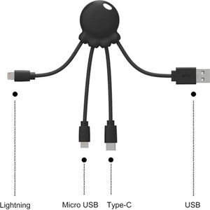 Xoopar Octopus - 4-in-1 multiUSB-kabel in octopusvorm, zwart, universele oplader van gerecycled kunststof, USB-C-aansluiting, ligthning, USB-A, micro-USB voor smartphone