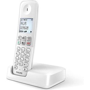 Philips D2501W/34 draadloze telefoon (16 uur, achtergrondverlichting, HQ-geluid, handsfree, beller-identificatie, afsprakenkalender 50 namen en cijfers, plug & play, Eco+), wit