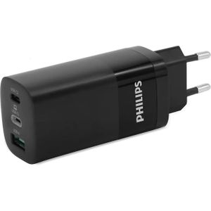 Philips DLP2681/12 – oplader met uitgangsvermogen van 65 W, dubbele USB-A en USB-C-uitgang, zwart