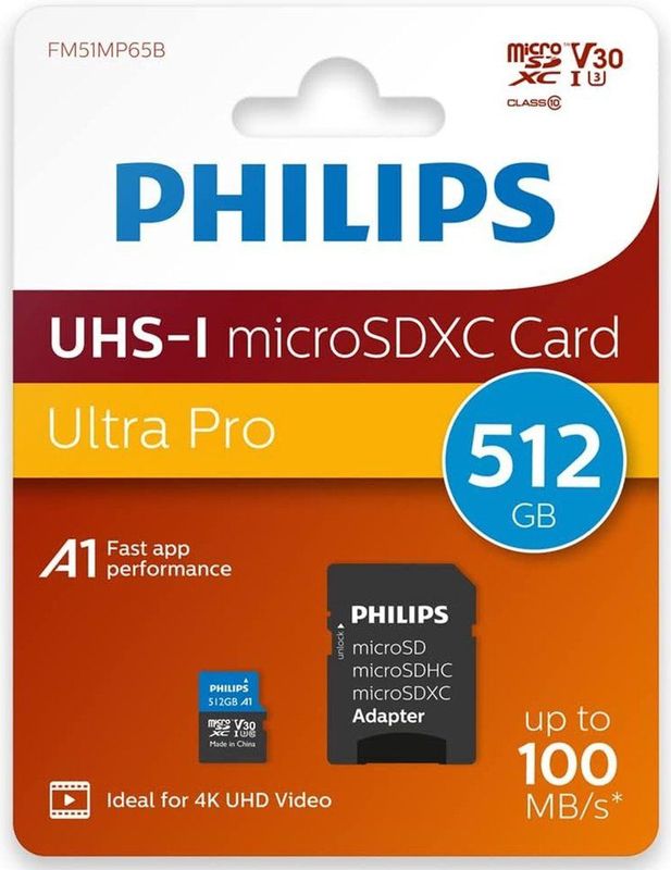 Philips Micro SDXC Kaart 512GB - Class 10 UHS-I U3 - Incl. SD Adapter
