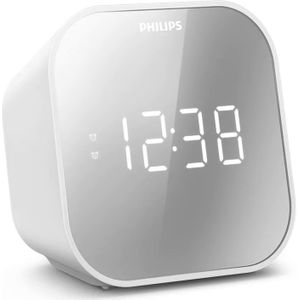 Philips Wake-Up Wekker met Radio, Gespiegeld Display Voor Naast het Bed,FM Radio met Dual Alarm, Sleeptimer/Snooze functie, Draagbaar met Back-up Batterij, Radio met USB-ingang TAR4406/12, wit