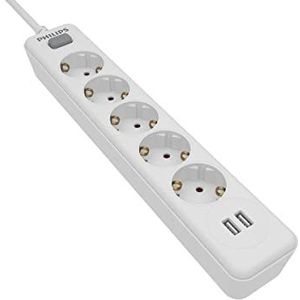 Philips SPN3052WA/10 Stekkerdoos met 5 Schuko-stopcontacten en 2 USB-poorten 2,4 A, aan/uit-schakelaar, gevlochten netsnoer 1,5 m (hoge weerstand), wit