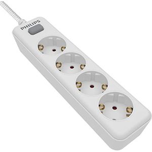 Philips SPN1142WA/10 - Stekkerdoos met 4 stopcontacten, aan/uit-schakelaar, gevlochten netsnoer 2 meter (hoge sterkte) - wit