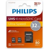 Philips FM32MP45D Micro SD 32 GB tot 80 MB/s microSDHC met SD-adapter A1 U1 C10 V10 2 stuks