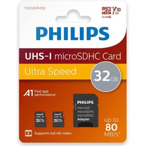 Philips FM32MP45D Micro SD 32 GB tot 80 MB/s microSDHC met SD-adapter A1 U1 C10 V10 2 stuks