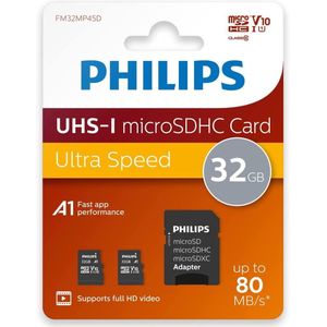 Philips SDHC Card 2-Pack 32GB + SD Adapter UHS-I U1 Reads up to 80MB/s A1 Fast App Performance V10 for Smartphones, Tablet PC, Card Reader 2 x 32GB