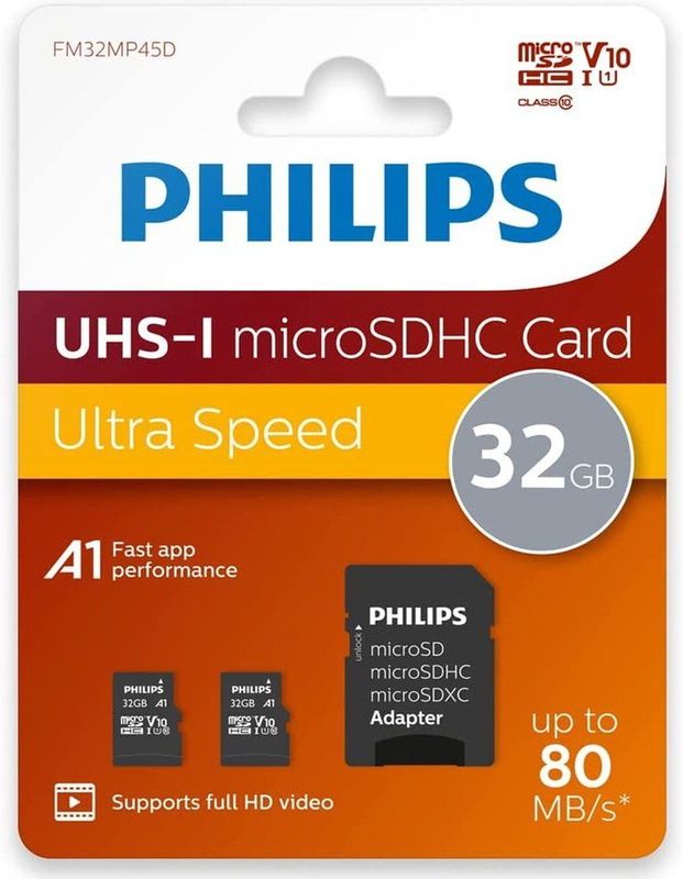 Philips MicroSDHC Kaart 32GB - Class 10 - UHS-I - 2-Pack - Inclusief Adapter