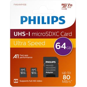 Philips FM64MP45D Micro SDXC kaart 64GB - incl. Adapter - Class 10 - UHS-I U1 - 2-Pack