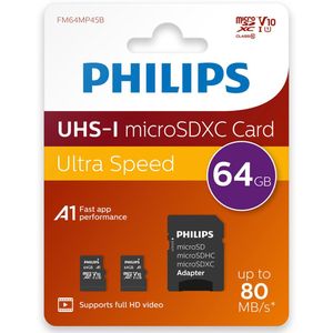 Philips Micro SDXC Kaart - 64GB - Class 10 UHS-I U1 - 2-Pack