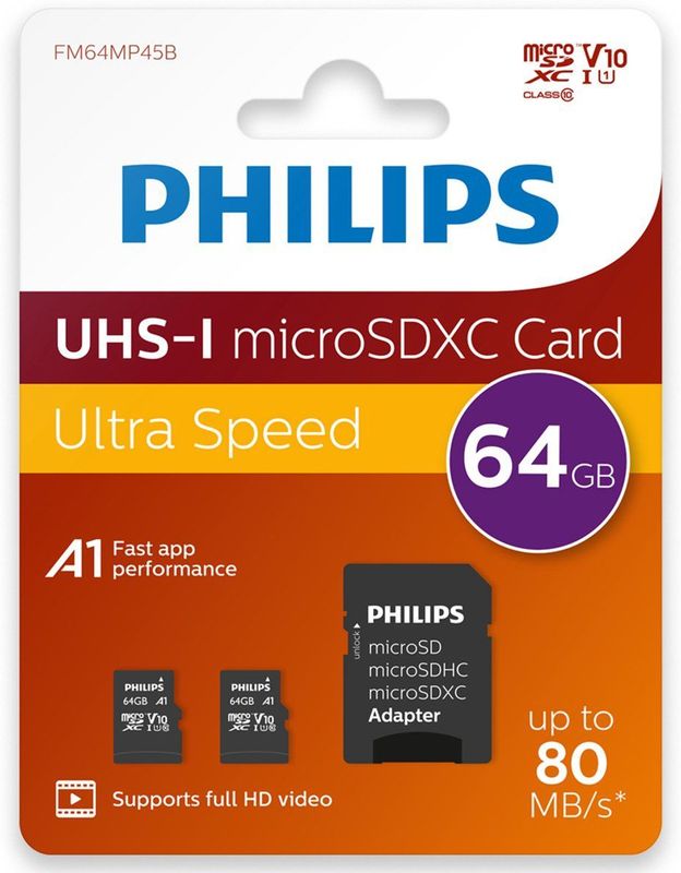 Philips Micro SDXC Kaart - 64GB - Class 10 UHS-I U1 - 2-Pack