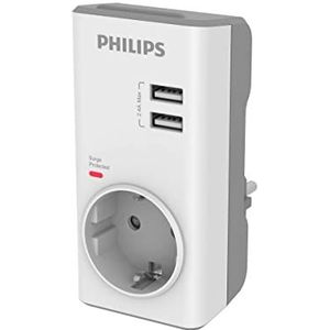 Philips Adapter CHP4010W/10 – stekkeradapter, geïntegreerde USB-oplader, 2 USB-poorten 2,4 A max. 1 stopcontact, LED-display, overspanningsbeveiliging, wit