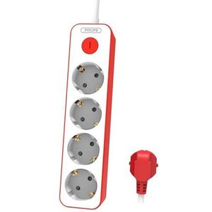 Philips CHP2145R Stekkerdoos met 4 stopcontacten, vergrendeling, 1500 W, gevlochten netsnoer, 1,5 m, hoge weerstand, veiligheidssluiting (led-display), wit/rood