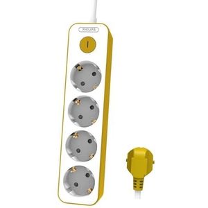 Philips CHP2145Y 4-voudige stekkerdoos, wit/geel, 1,5 m kabel, hoofdschakelaar, automatische veiligheidssluiting, led-stroomindicator