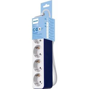 Philips CHP2145U Stekkerdoos met 4 stopcontacten, vergrendeling, 1500 W, gevlochten netsnoer, 1,5 m, hoge weerstand, veiligheidssluiting (led-display), wit/blauw