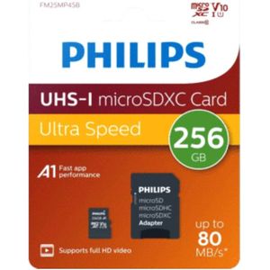 Philips SDXC-kaart 256 GB + SD-adapter UHS-I U1, lezen tot 80 MB/s A1 Fast App Performance V10, geheugenkaart voor smartphones, tablet-pc, kaartlezer