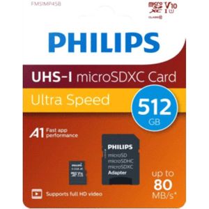 Philips SDXC-kaart 512GB + SD-adapter UHS-I U1 tot 80 MB/s A1 Fast App Performance V10 geheugenkaart voor smartphones, tablets, pc's, kaartlezers
