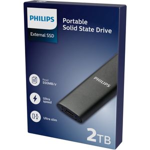 Philips Draagbare externe SSD 2TB - Ultra Slim SATA Ultra Speed ​​USB-C - USB, Solid State Drive leessnelheid tot 550 MB/s, schrijfsnelheid tot 550 MB/s, aluminium