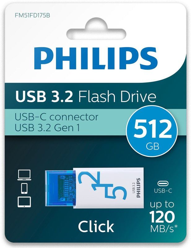 Philips - FM51FD175B - USB-C Stick - 512GB - USB 3.2 Gen 1 - Click Edition Blue