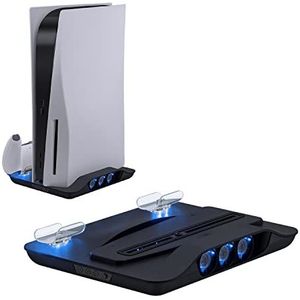 Mcbazel PS5 Koelventilator, verticaal laadstation voor PS5-console, multifunctioneel met blauw licht en led, snel opladen voor gamepads voor PS5-console, zwart(Niet voor PS5 Slim)
