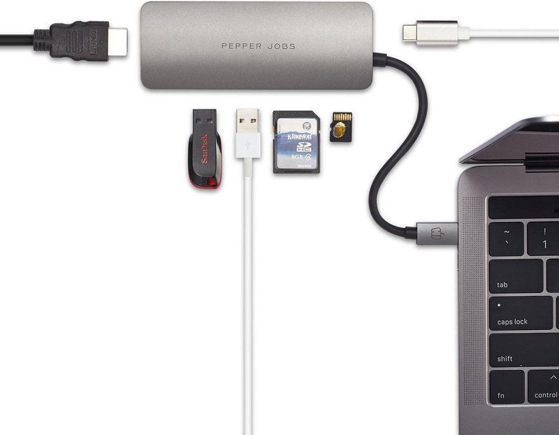 PEPPER JOBS TCH-4 - USB C Hub - Grijs - 4-in-1 Adapter - Inclusief HDMI en SD Lezer