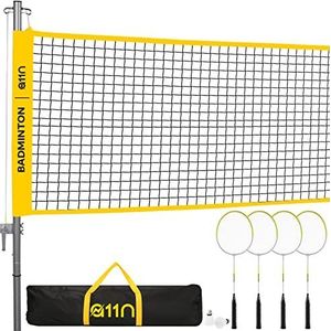 A11N Draagbare badmintonset, incl. net, 4 rackets, 2 stuurwielen en draagtas, voor tuin, strand en park