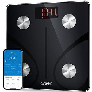 RENPHO testwinnaar lichaamsvetweegschaal, personenweegschaal met uiterst nauwkeurige sensor en 6 mm gehard glas, Bluetooth-weegschaal voor mensen met APP, extra breed platform, 220 kg, Elis 1