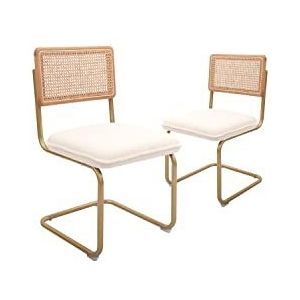 CangLong Set van 2 moderne stoelen zonder armleuningen, van natuurlijk net, met rotan rugleuning en gevoerde zitting van fleece met metalen poten, voor thuis, keuken, eetkamer, wit