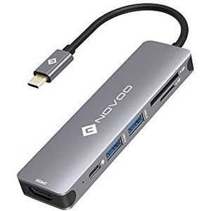NOVOO USB C Hub - 6 in 1 Aluminium Multiport Adapter met 4K HDMI, Type C PD 100W, SD & Micro SD Kaartlezer en 2 USB 3.0 Poorten voor MacBook Pro en USB-C Apparaten (10 cm kabel)