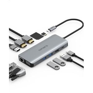 Omars Dockingstation, USB C-hub met dubbel HDMI en VGA-display, USB C Docking Station Multiport 2 HDMI 4K, Gigabit Ethernet RJ45, PD 100W, 4 USB, SD/TF voor MacBook Pro/Air
