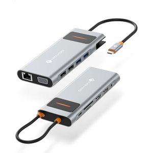 NOVOO Dockingstation met drievoudige display, 12-in-1 USB-C-hub met 2 HDMI, VGA, Ethernet, SD/TF-kaartlezer, 4 USB, 3,5 mm audio en snel opladen PD 100 W, voor MacBook/Dell/Surface/HP