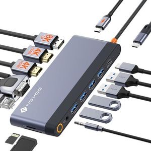NOVOO Docking Station Dual Monitor, USB C Hub Dual HDMI 4K 60Hz, Displayport, VGA, Gigabit Ethernet, PD 100W, USB x5, SD/TF en 3,5 mm audio, docking station voor MacBook HP Lenovo Dell