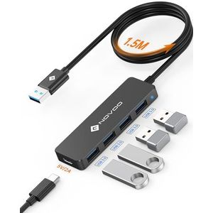 NOVOO 4-poorts USB Hub 3.0 met 4.9ft lange verlengkabel, USB-adapter 5V/2A voedingspoort, slank en draagbaar voor desktopcomputer PC, MacBook, flashdrive, printer, mobiele HDD