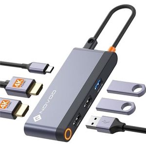 NOVOO USB C Hub 6-in-1 Display Naar Dual HDMI, Dual Monitor, 100W PD, 3x USB, Dock Voor Dell, HP, Lenovo, ASUS, Microsoft