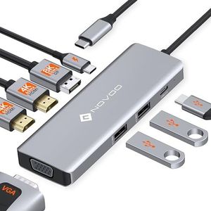 NOVOO USB C Docking Station, 8-in-1 hub USB C naar Dual HDMI, Displayport 4K @120Hz, VGA, USB C 3.1, USB A 3.1, PD 100W, dockingstations quad-display voor MacBook HP Lenovo Dell
