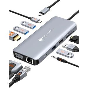 NOVOO - USB C Hub 11-in-1 - Docking Station - HDMI 4K - VGA - PD 100W - USB 3.0/2.0 - SD/TF - Ethernet RJ45 - Audio