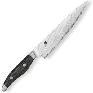 KAI Shun Nagare Utility Mes 15 cm – lemmet met dubbele kern van Damascus staal met 72 lagen VG 2 & VG 10 – pakkahout grijs-zwart – handgemaakt in Japan – klein gesmeed koksmes