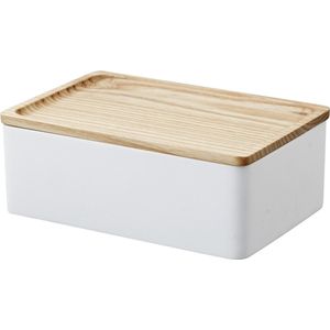 Yamazaki 5167 RIN Accessory Storage Box, white, Polystone/Wood, 18.5 x 12.5 x 7 cm