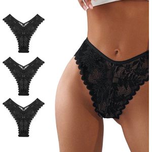 High Waist Dames String met Kant - 3 Pack - Zwart - Vrouwen Lingerie / Ondergoed Set - Maat L