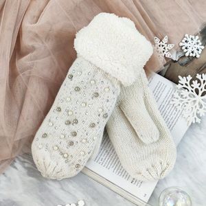 Wanten - Wit met twee kleuren parels - Handschoenen - Dames - gebreid met nepbont - fleece voering - one size
