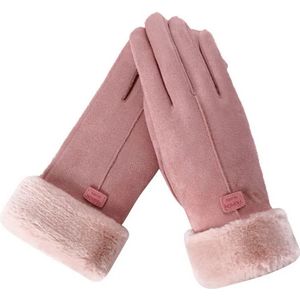 Handschoenen dames - touchscreen tip - imitatie suede - roze - met imitatiebonte voering - one size