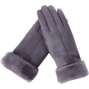 Handschoenen dames - touchscreen tip - imitatie suede - grijs - met imitatiebonte voering - one size