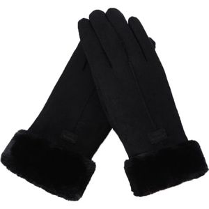 Handschoenen dames - touchscreen tip - imitatie suede - zwart - met imitatiebonte voering - one size