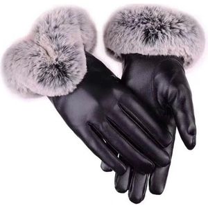 Touchscreen tip Dames Handschoenen – Imitatieleer en bont – Zwart - Onesize
