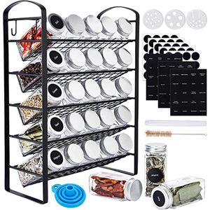 Spice rack with spice jars, standing spice rack with 25 spice jars, 30 seven 120 labels, 1 silicone funnel, 1 brush, 1 white chalk, suitable for cabinets, kitchen countertops