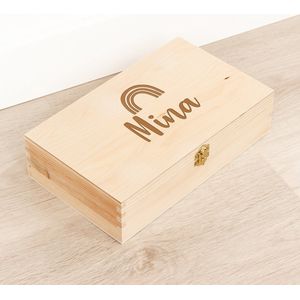 Houten kistje 'Mina' Regenboog - Tekenkist - Herinneringsdoos - Kraamcadeau - Knutseldoos - Memorybox - Baby - Geboorte